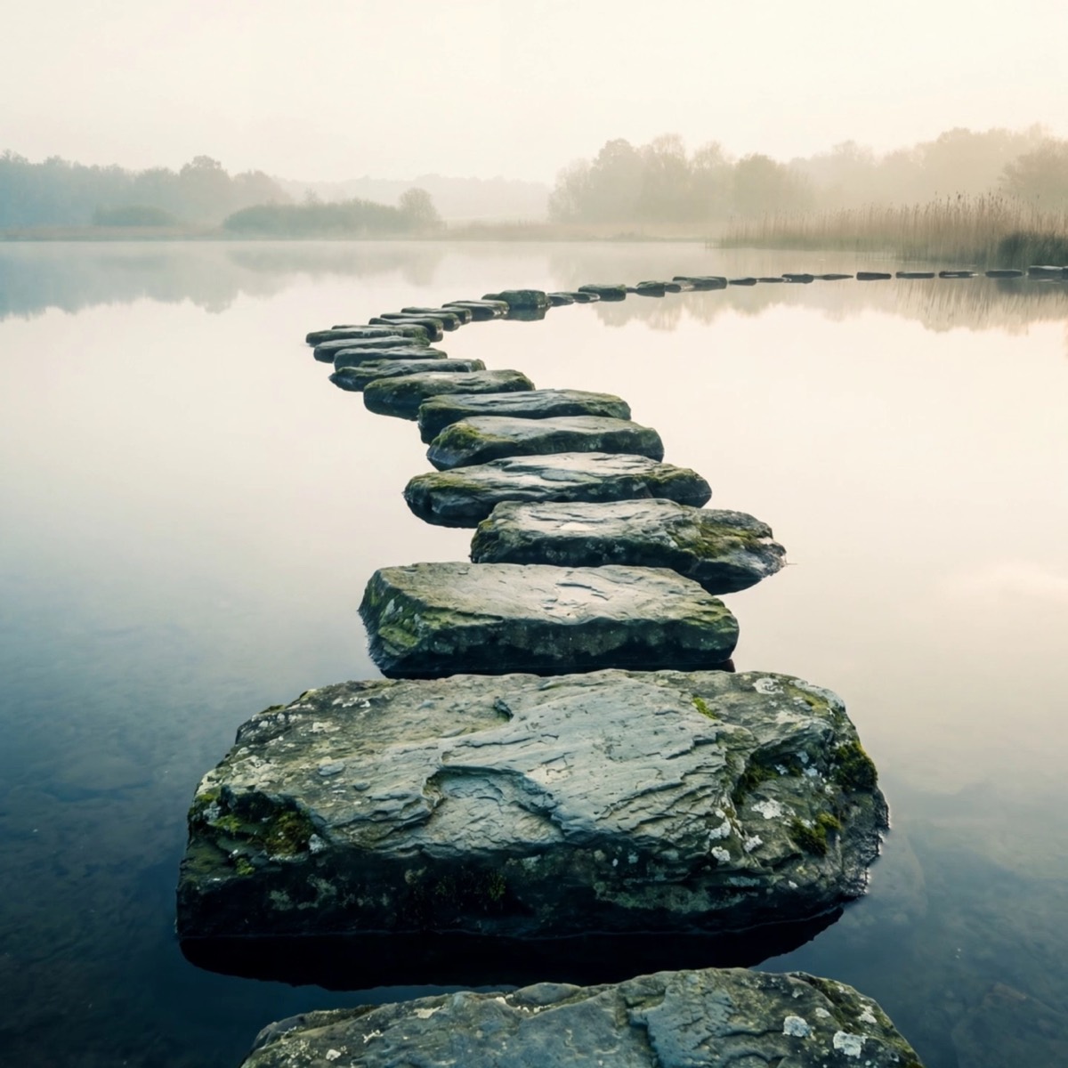 A path of stepping stones crossing still water at dawn